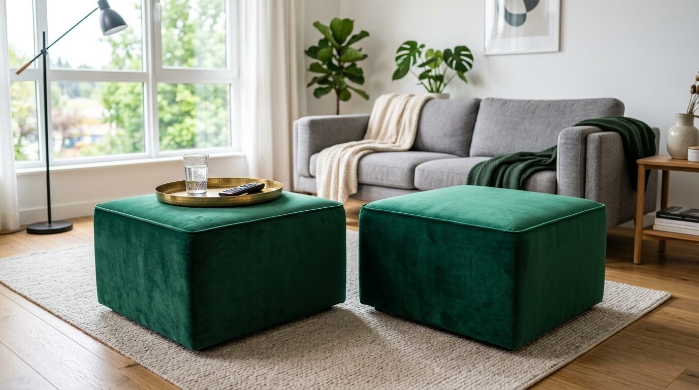 A pair of square dark green velvet footstools sitting on a neutral rug in front of a grey sofa.