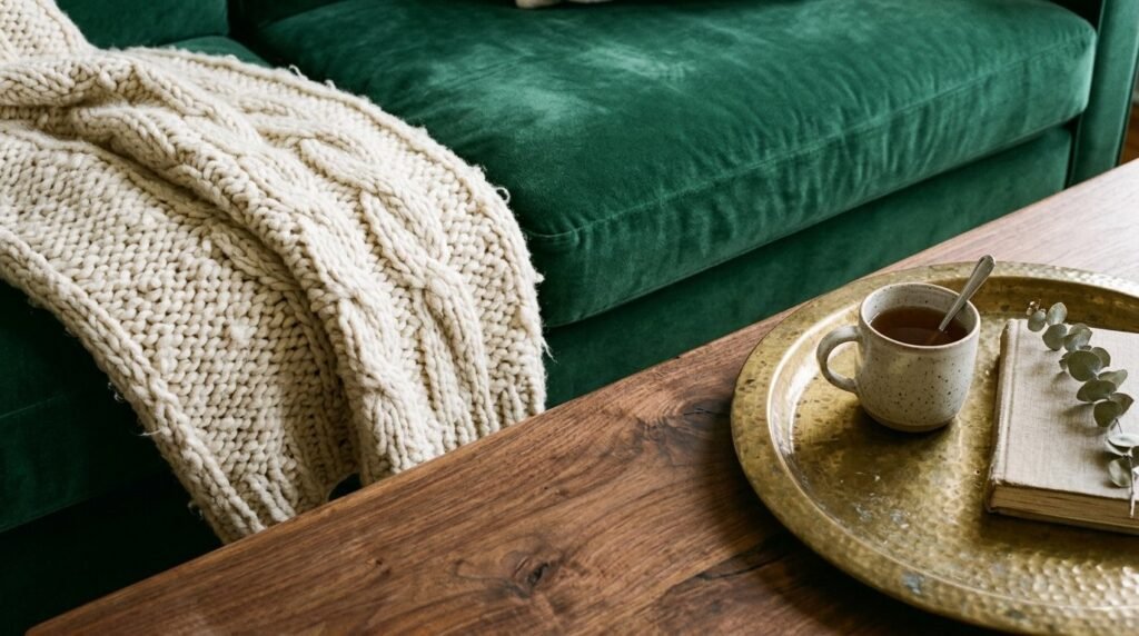 A plush velvet sofa styled with a soft knitted throw blanket in a contemporary living room.