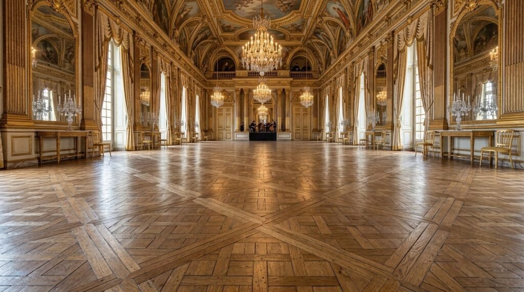 Close-up view of a high-quality intricate Versailles parquet wooden floor pattern.