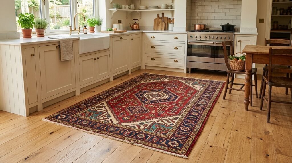 A beautiful colorful patterned area rug displayed on a clean floor.