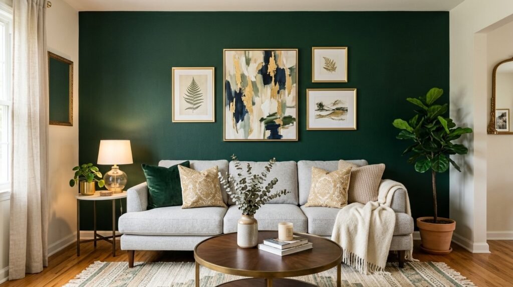 A lush green wall featuring a dense arrangement of various indoor plants as a natural background.