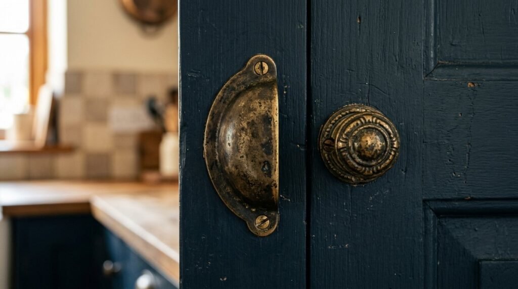 Close up view of ornate antique brass knobs on a wooden cabinet door.