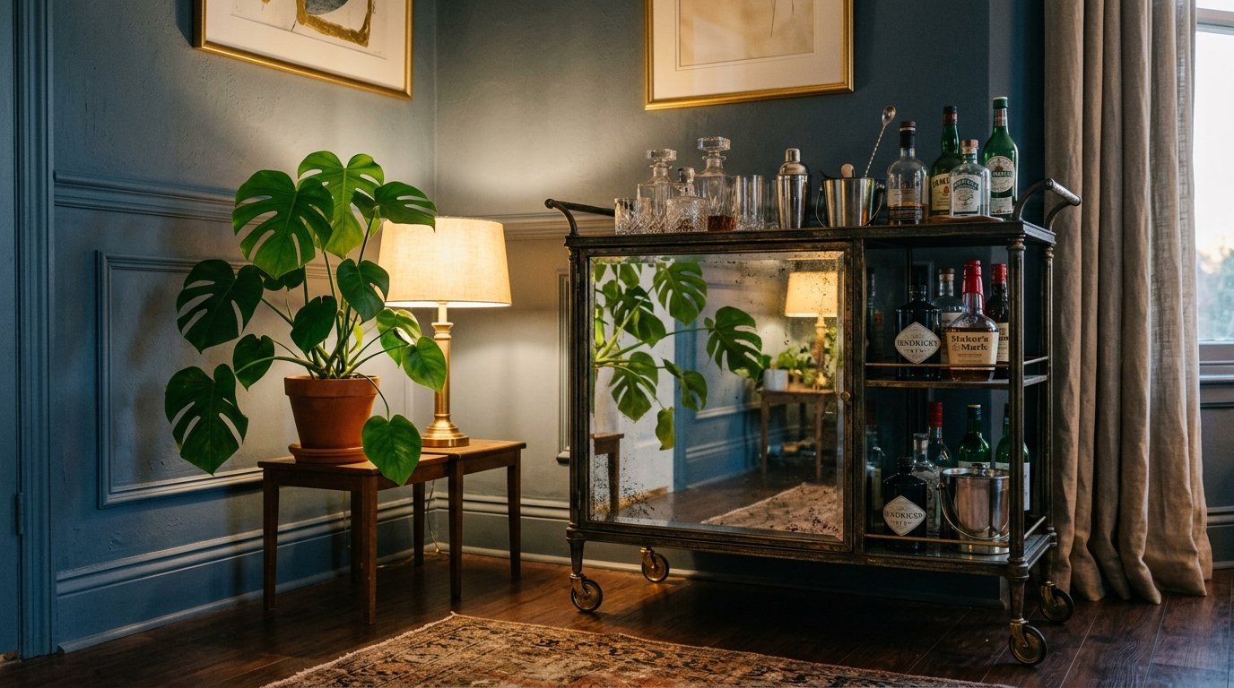A metal bar cart with mirrored doors holding various liquor bottles, positioned next to a potted monstera plant.