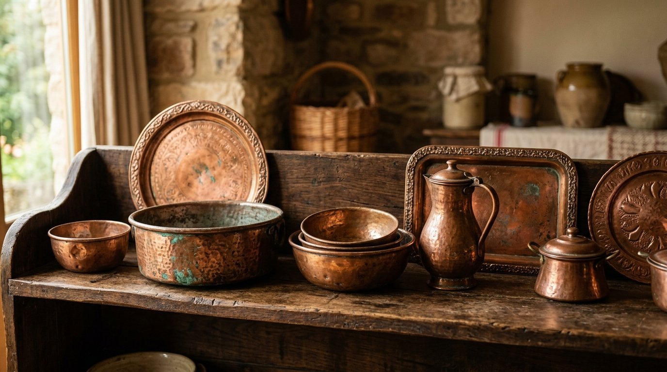 Assorted hammered copper bowls, trays, and a pitcher displayed on an aged wooden counter.