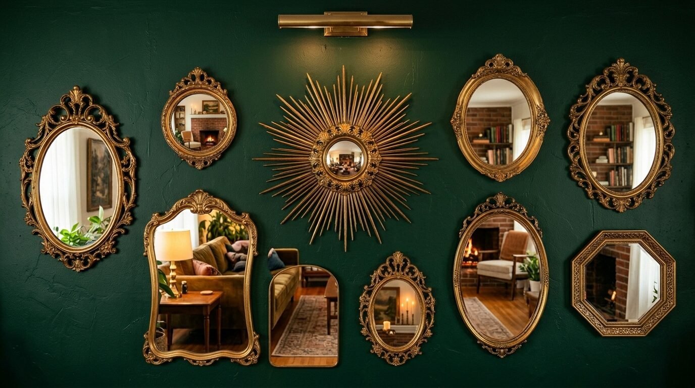 Collection of ornate gold-framed mirrors arranged in a collage on a dark green textured wall.