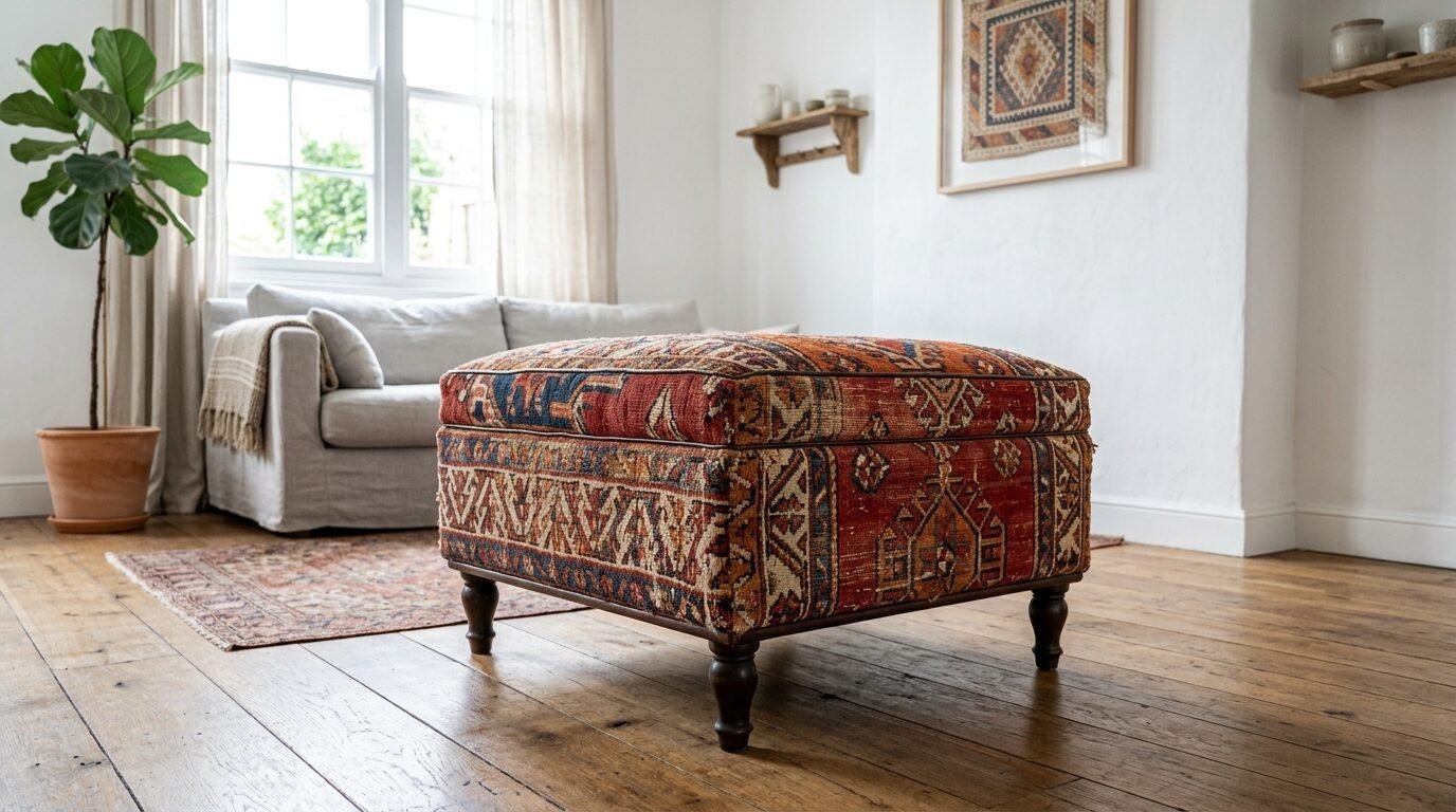Square ottoman upholstered in a patterned red and blue kilim fabric sits on a wooden floor.