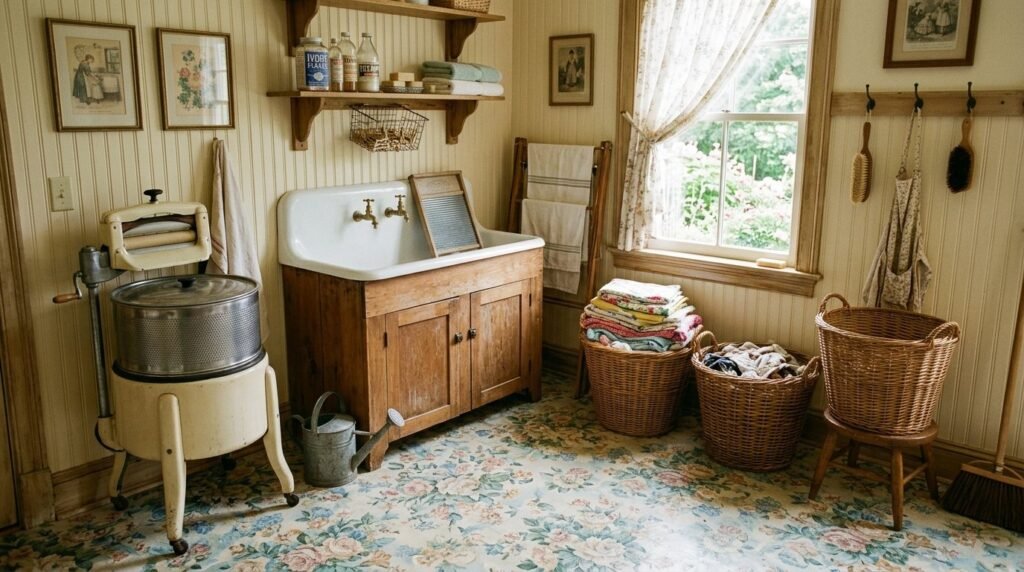 A beautifully styled vintage laundry room featuring classic decor and warm lighting.