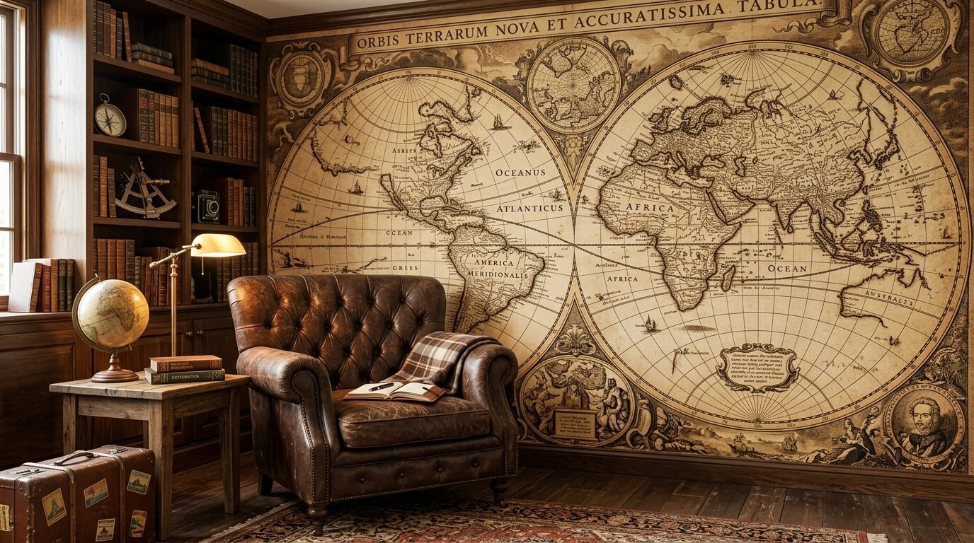 A dark brown tufted leather club chair placed before a large vintage world map mural in a home office library.