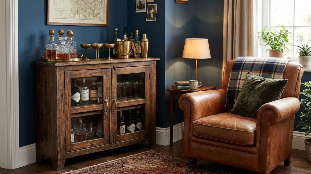 A beautifully restored vintage bar cabinet with dark wood finish standing in a modern home interior.