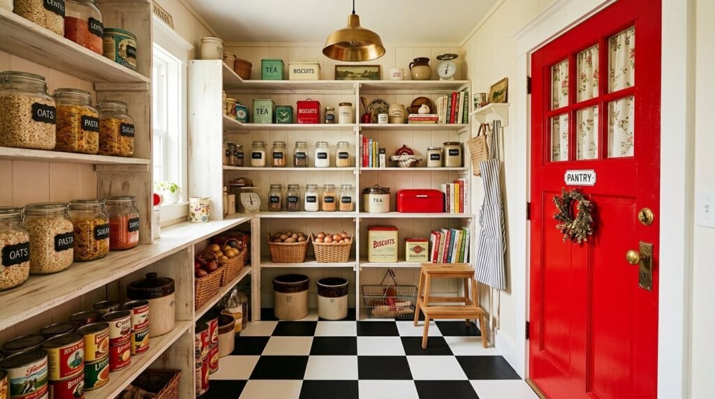 A beautifully organized vintage pantry with rustic decor and wooden shelves.