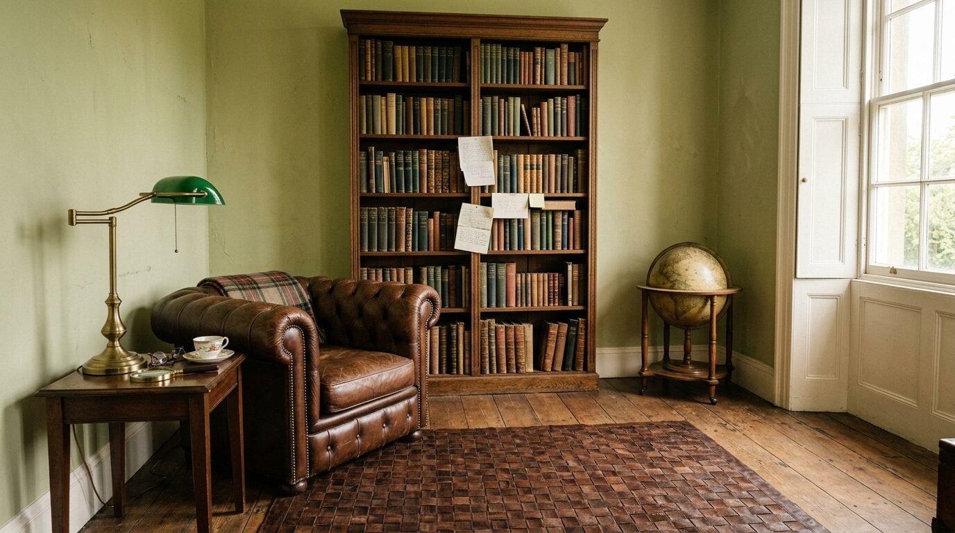 A brown leather armchair with a plaid blanket sitting in a library filled with books and a floor globe.