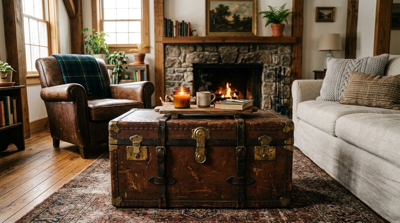 An antique leather travel trunk sits as a coffee table in a living room with a stone fireplace and leather armchair.