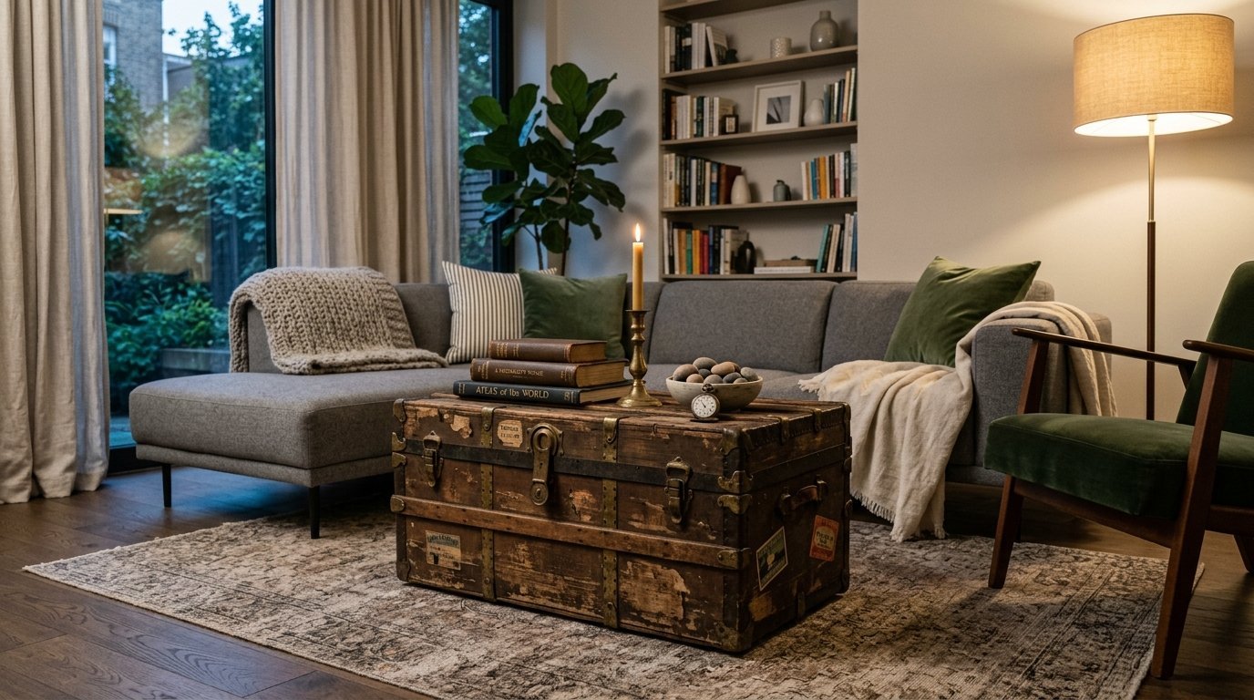 An old wooden travel trunk used as a coffee table in a modern living room with a grey sofa and green accents.