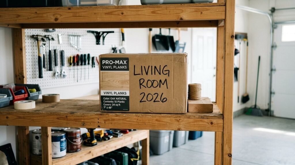 A wooden box filled with various vinyl records viewed from above