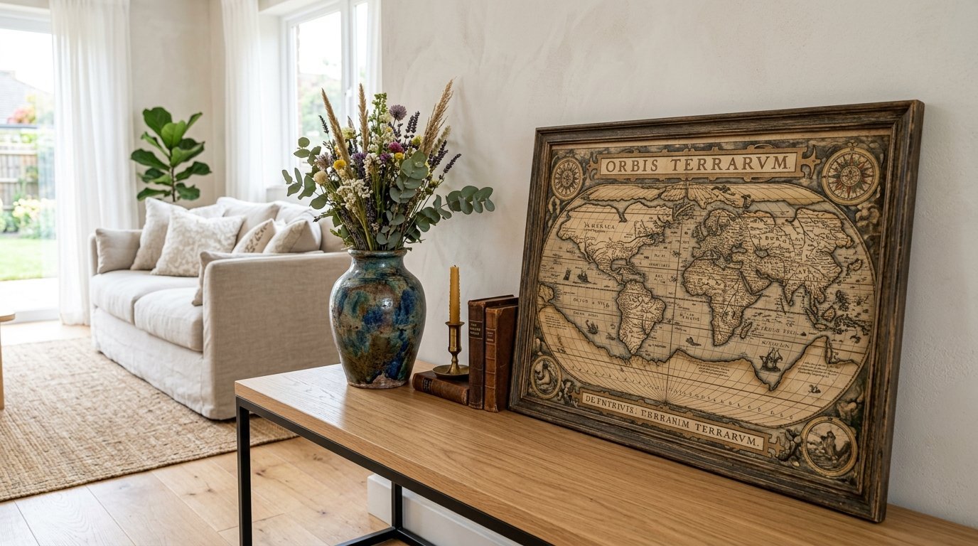 Vintage world map art, floral vase, and old books on a wooden table in a bright, modern living room.