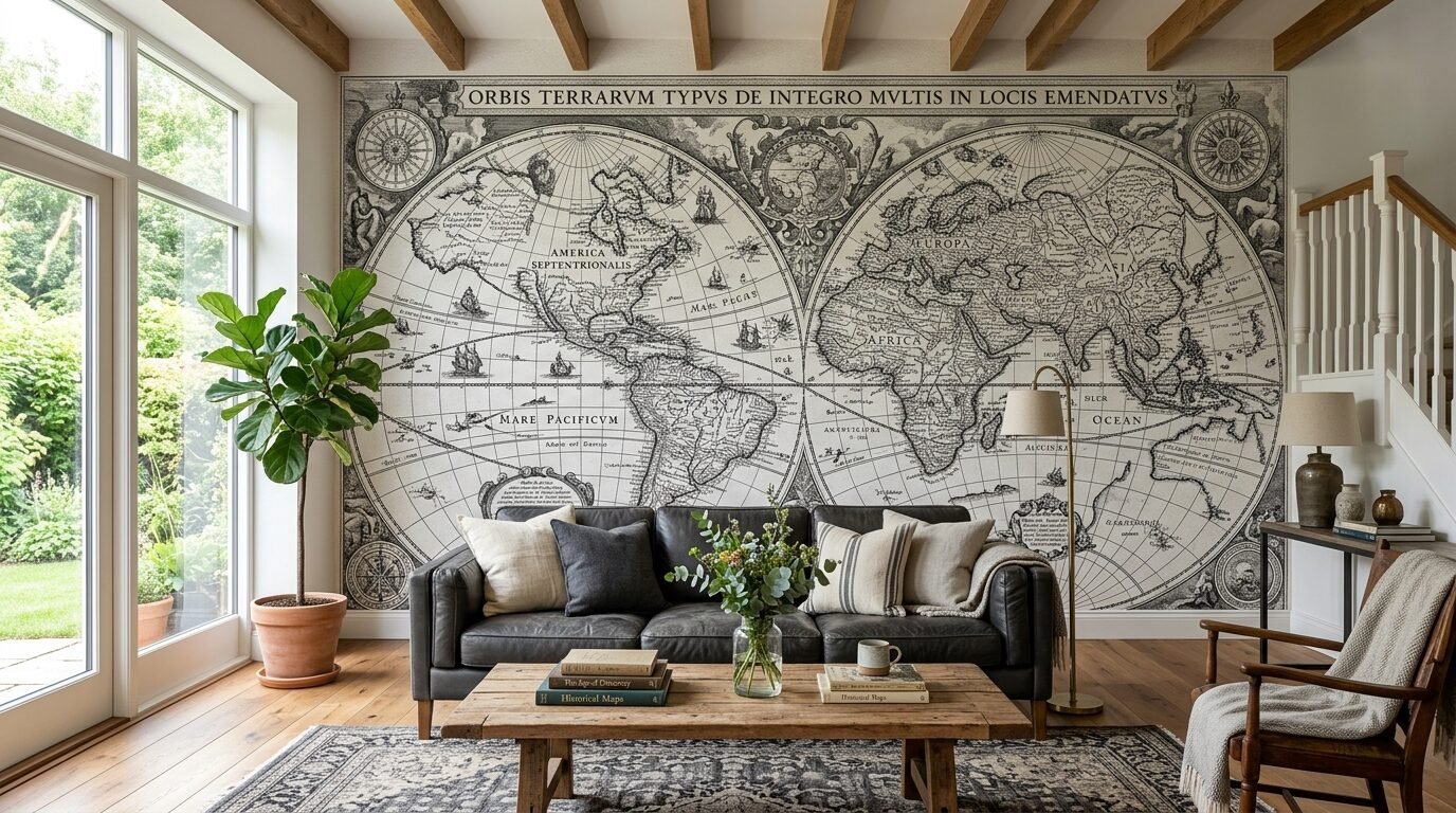 A dark leather sofa sits in front of a wall-sized vintage map print in a bright, modern living room.