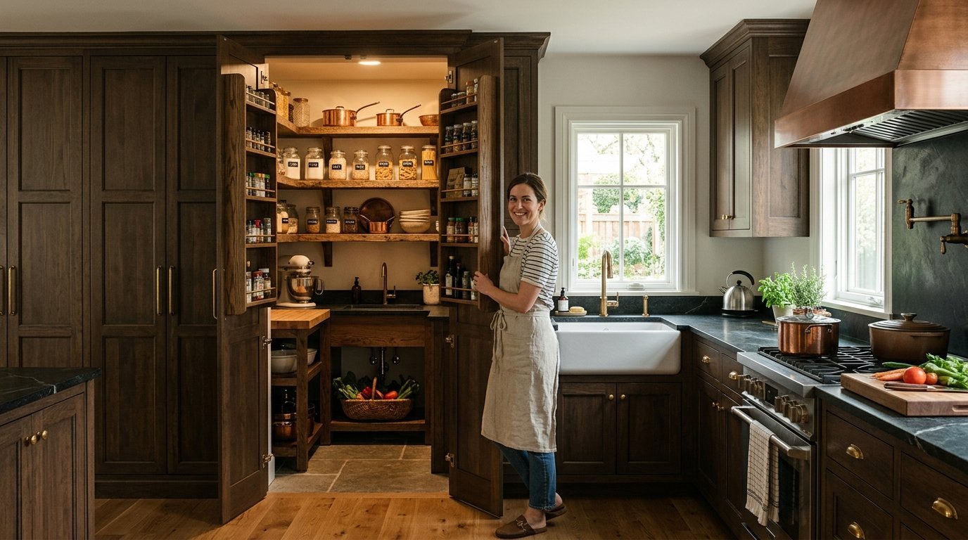 Smiling woman in an apron opening doors to a walk-in pantry with wooden shelves and organized jars.