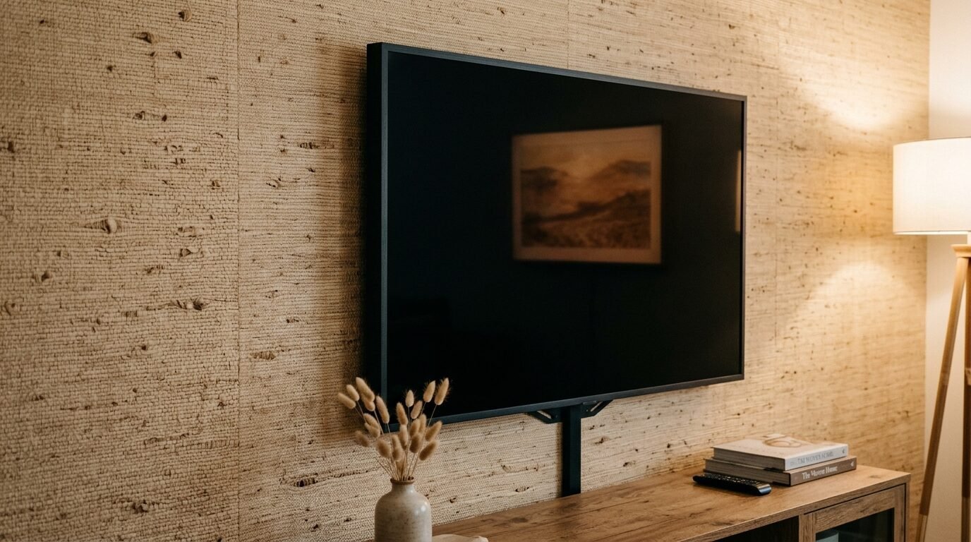 Black TV screen on a textured tan wall above a wooden media console with dried flowers.