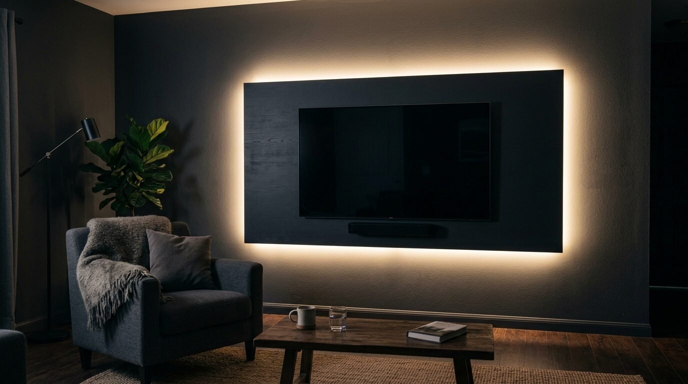 Dark interior wall with a mounted screen glowing from warm hidden perimeter lighting