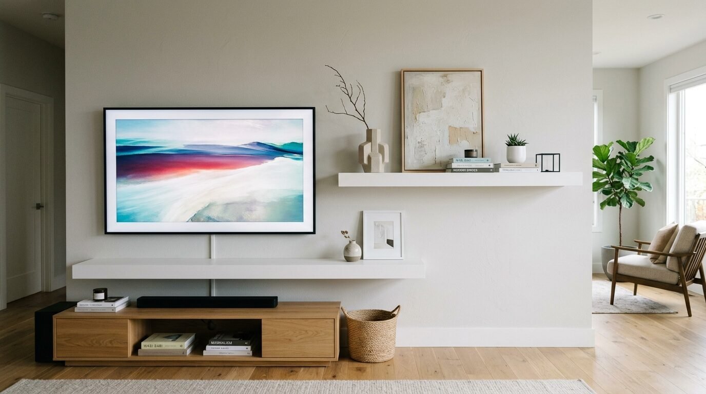 A flatscreen TV displaying abstract art above a wooden media console and white floating shelves with home accessories.