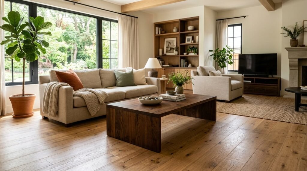 Modern interior space highlighting beautiful warm natural wood tones and organic textures.