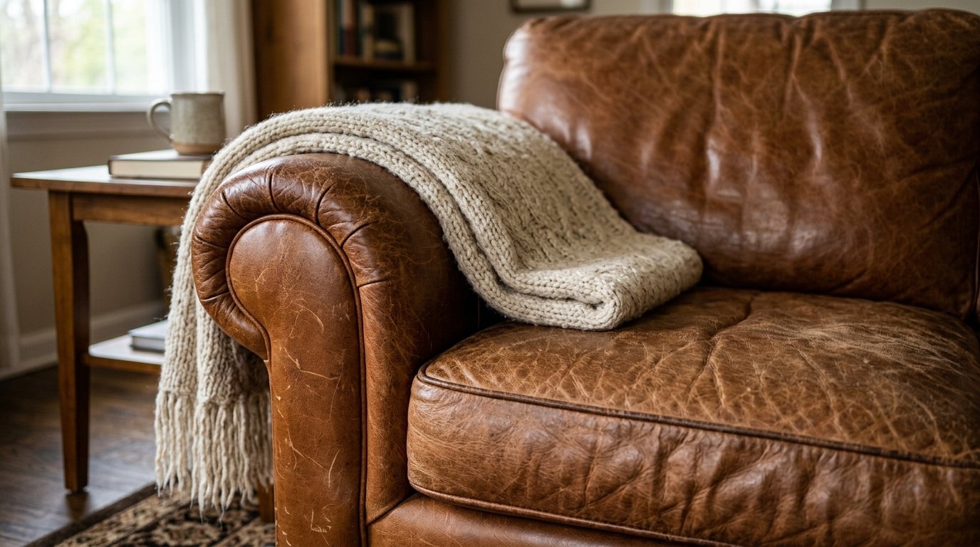 Close up of a cream cable knit throw resting on a worn brown leather chair with a side table in the background.