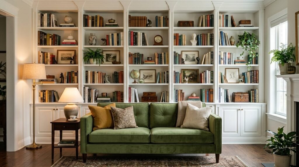 A stylish interior view of white bookshelves neatly organized and fully filled with books.