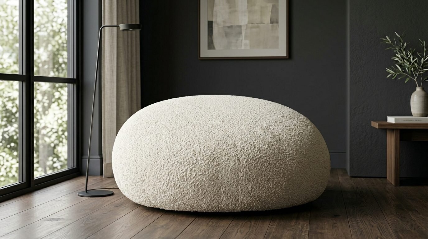 A soft, circular bouclé floor pillow placed on a hardwood floor next to a tall floor lamp.