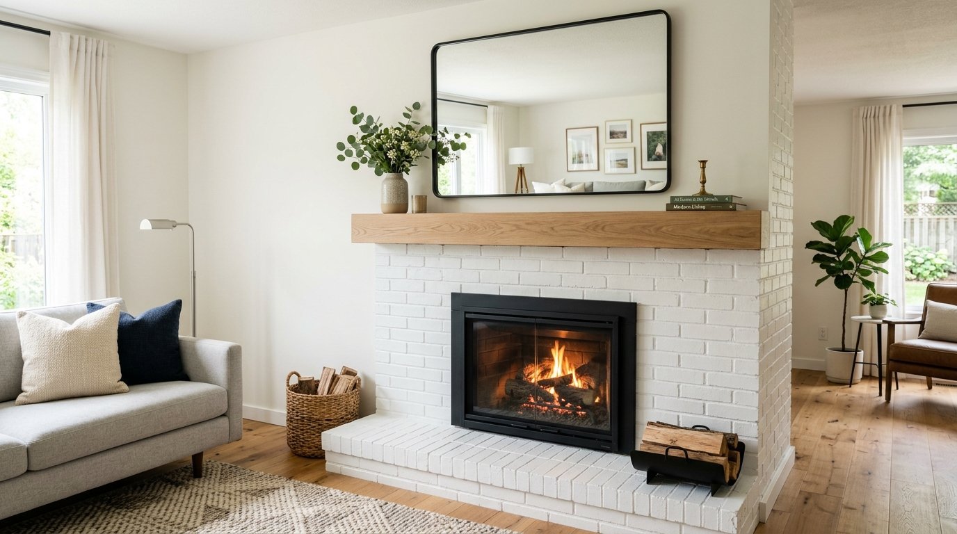 A light-filled living room with a glowing fireplace, a wood mantel, and a sofa with navy and cream pillows.