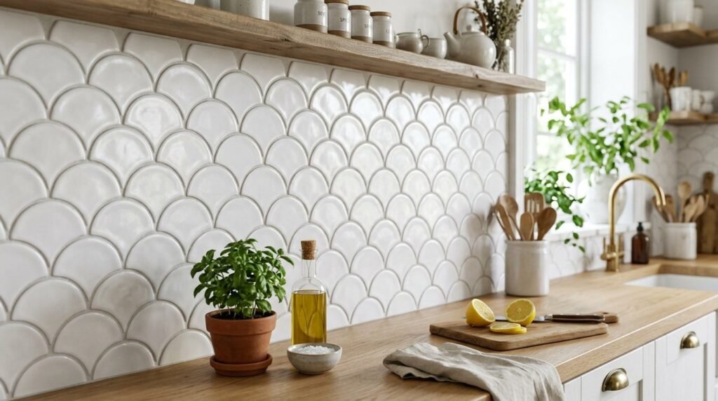 Close-up of clean white ceramic square tiles on a wall surface.