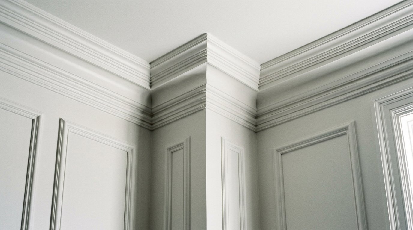 Close up of decorative white ceiling crown molding installed on a corner wall with rectangular wainscoting panels.