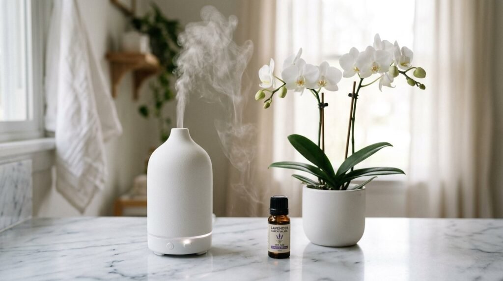 A white lighting diffuser glowing and emitting a soft, even light in a dark room.