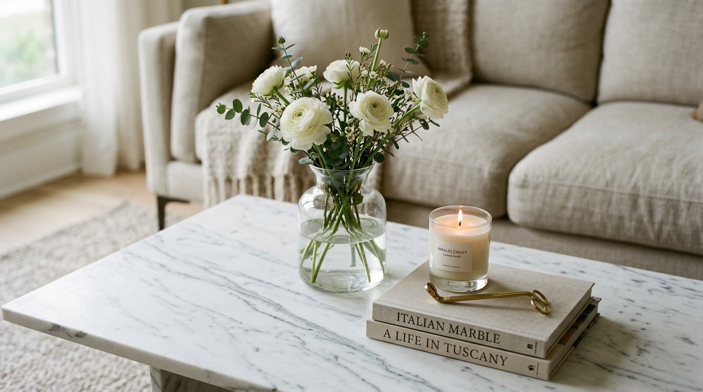 A vase of white flowers next to a burning candle and stacked books on a marble coffee table.