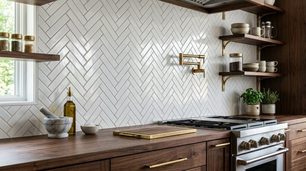 Close up view of clean white ceramic tiles installed in a classic herringbone pattern.