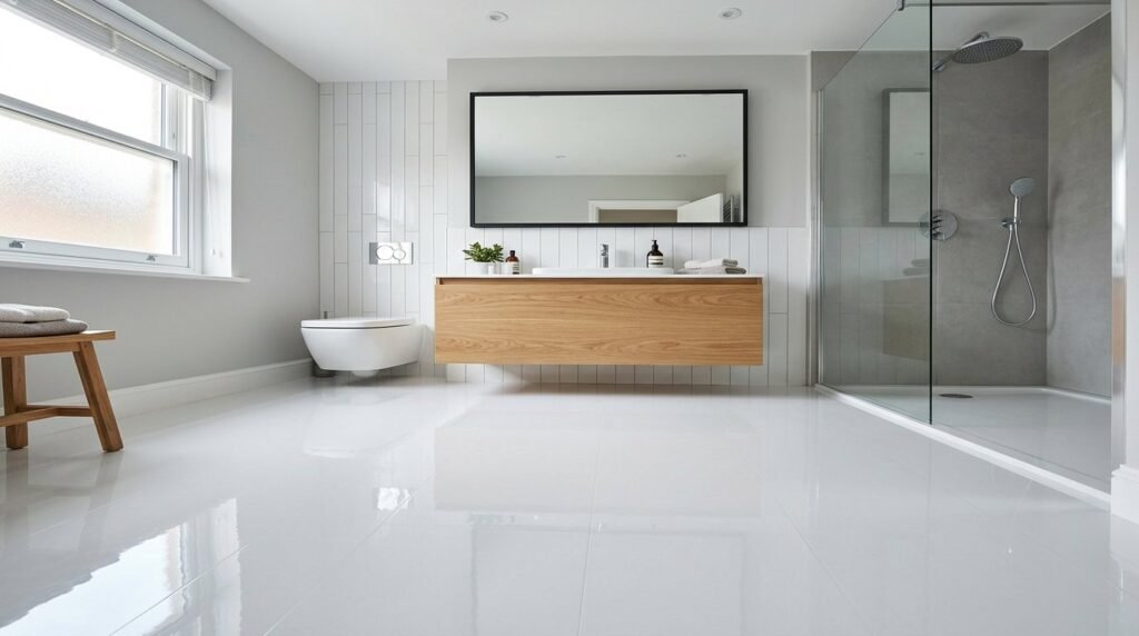 Close up shot of a bright white linoleum flooring surface with subtle texture.