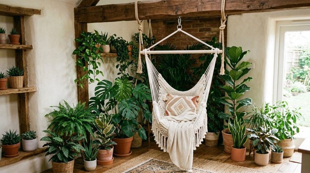 A beautiful white hand-woven macrame swing chair hanging in a bright, cozy living space.