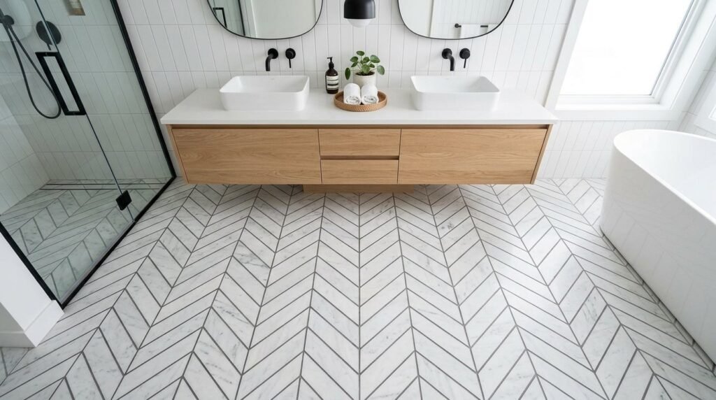 Close up of luxury white marble tiles arranged in a classic herringbone pattern.