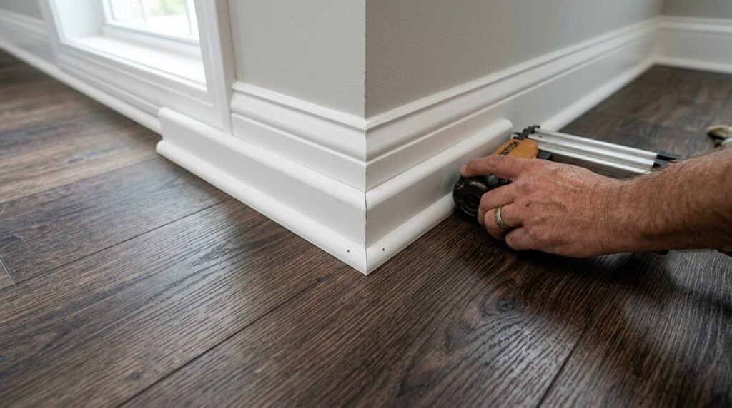 Newly installed white crown molding along the ceiling of a renovated room.