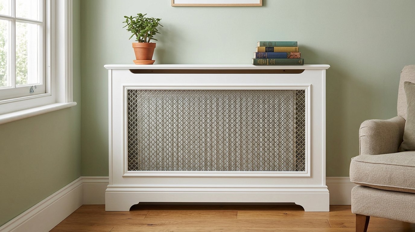 A white radiator cover with a decorative mesh front sits against a soft green wall with books and a succulent.