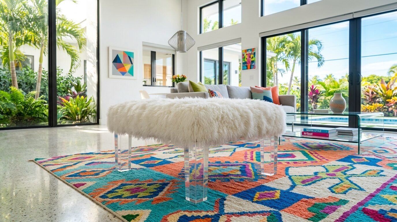 A fluffy white textured ottoman with clear acrylic legs sitting on a colorful patterned rug in a bright modern home.