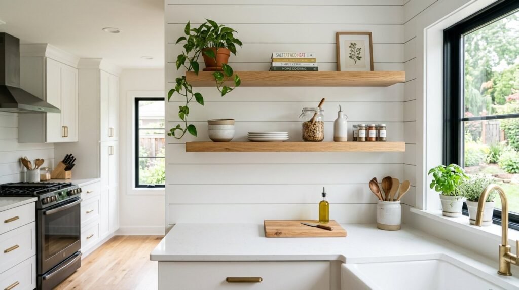 A bright kitchen featuring a horizontal white shiplap backsplash above the countertop.