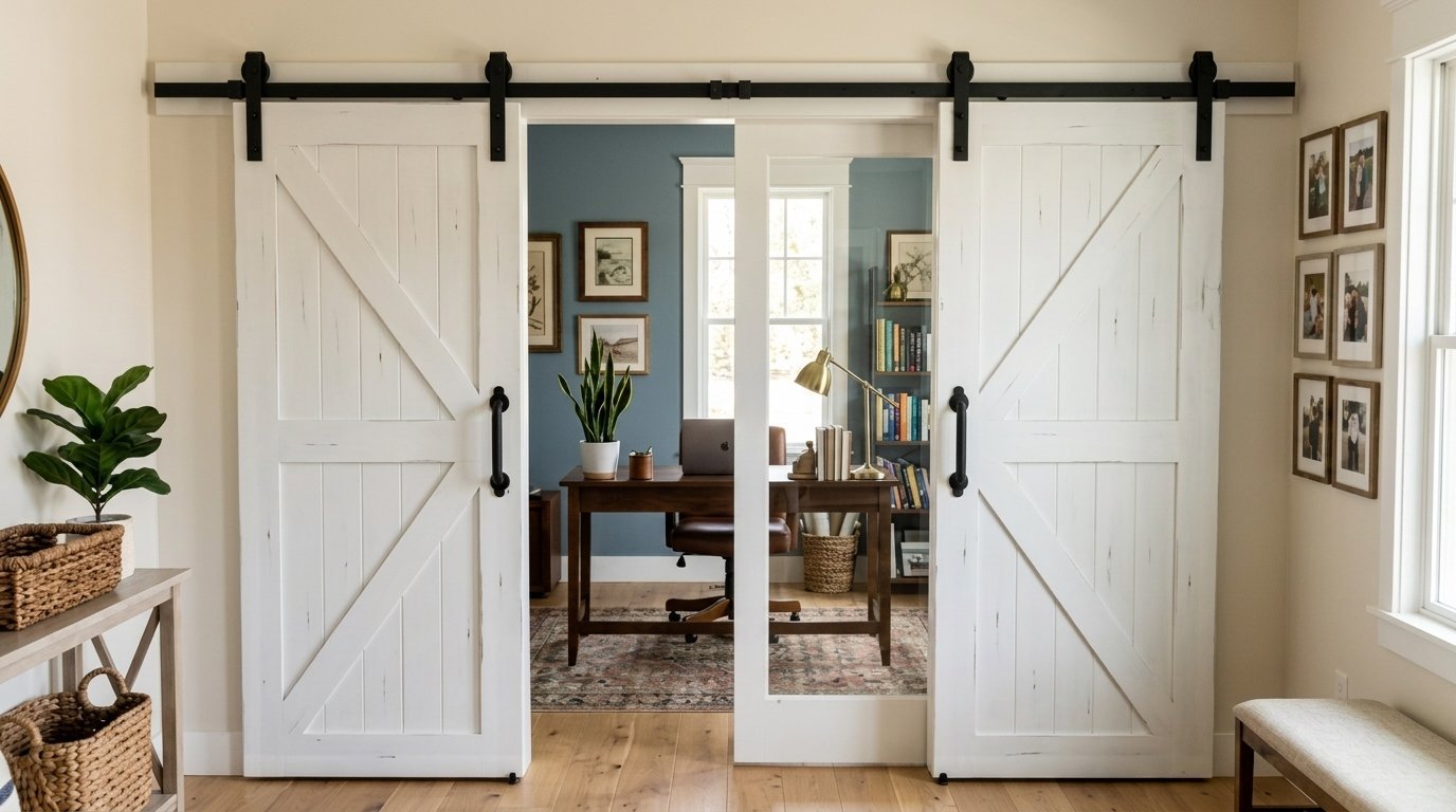 A pair of distressed white wooden barn doors opening into a blue-walled study with a wooden desk and bookshelves.