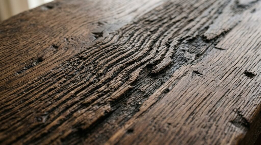 Close up view of natural wire brushed hardwood floor texture with detailed wood grain patterns.