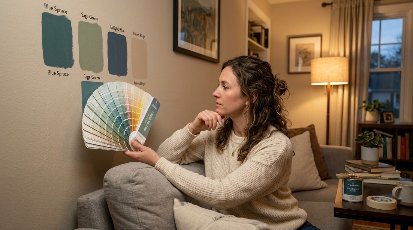 A woman sitting on a couch holds a fan deck to compare colors against painted swatches on her living room wall.