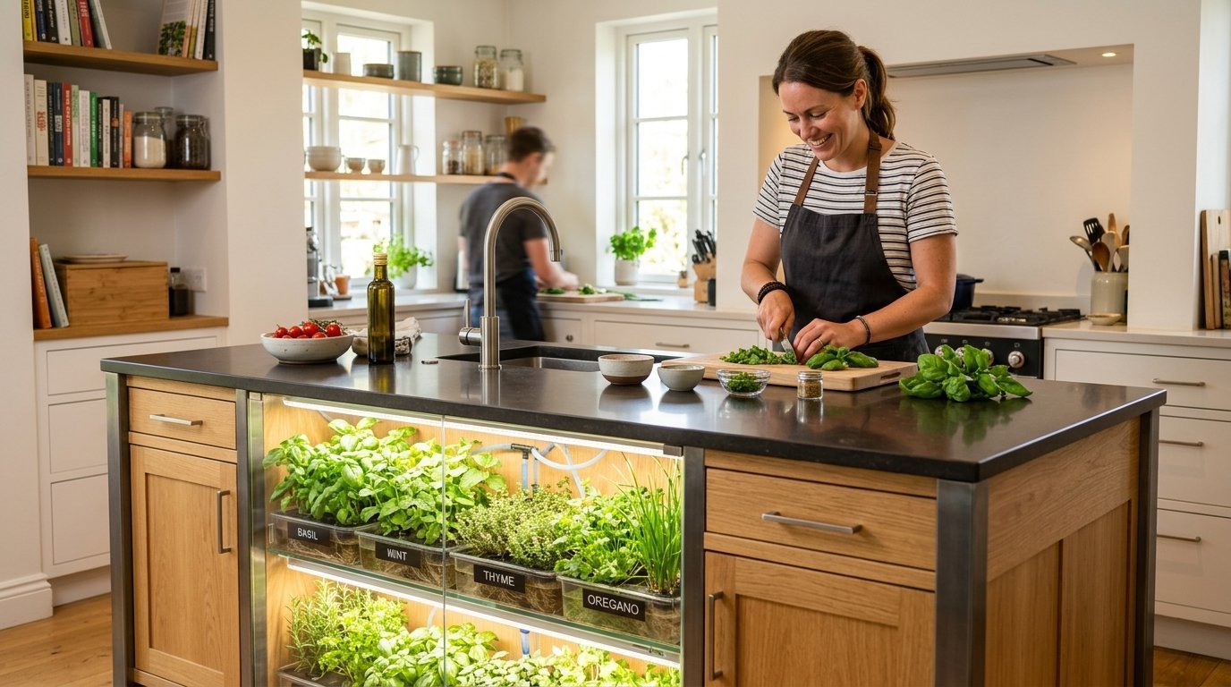 Woman in an apron chopping green herbs on a wooden kitchen island with built-in LED plant shelves.