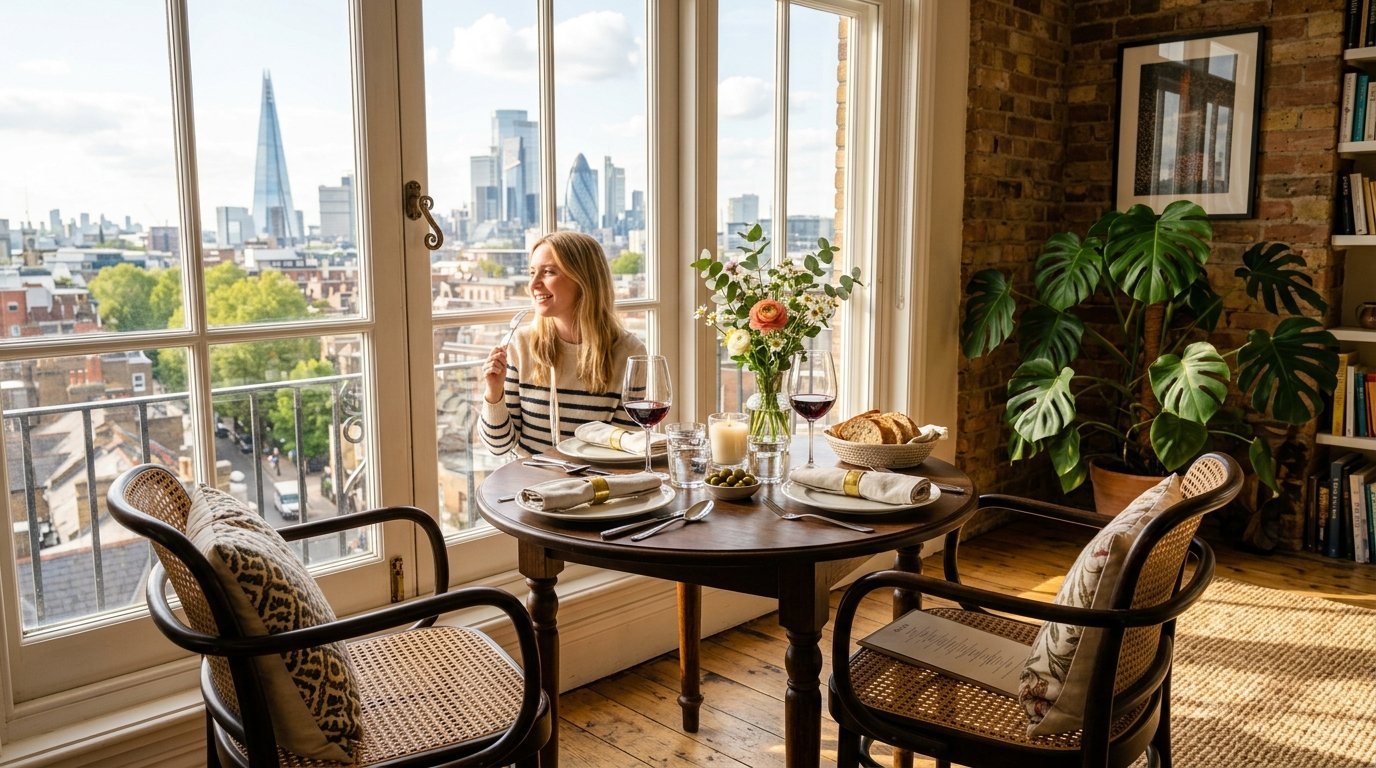 A smiling blonde woman sits at a round table for two by a window with a view of the Shard and London skyscrapers.