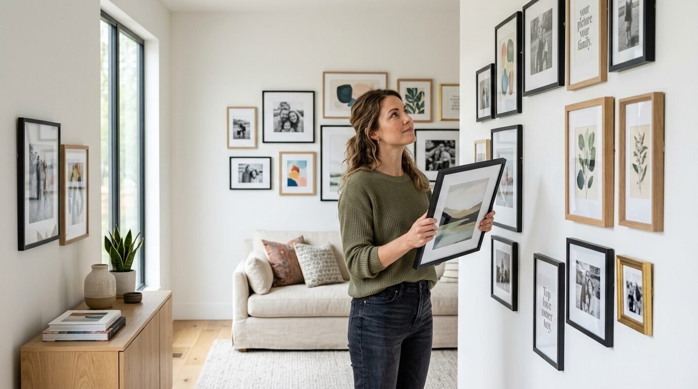 A woman in a green sweater positioning a framed picture on a white wall filled with various art and family photos.