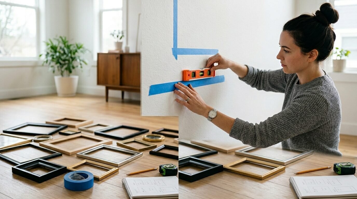 Woman in grey sweater using a level to align blue painter tape on a wall for a photo gallery layout.