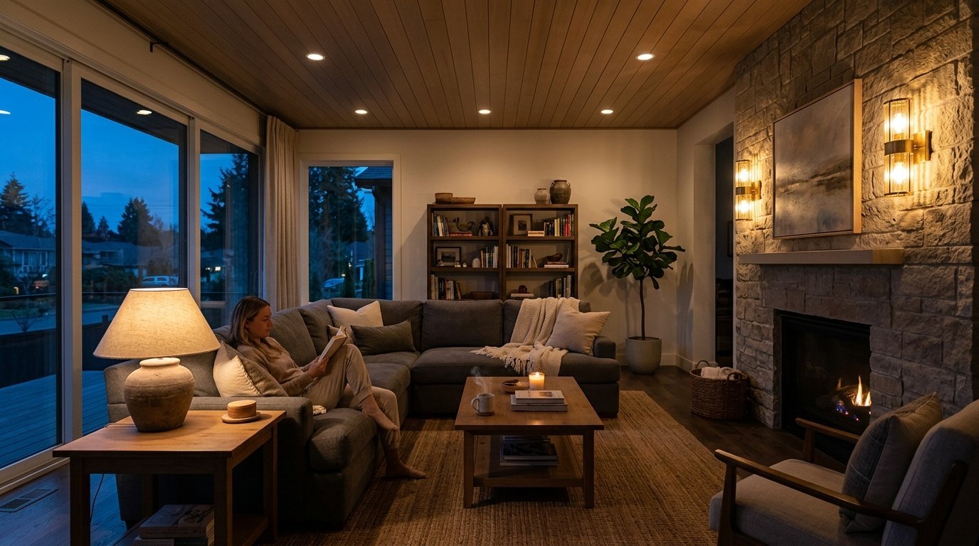 A woman sits on a grey sectional sofa in a modern, dim living room reading a book while a fire burns in the stone hearth.