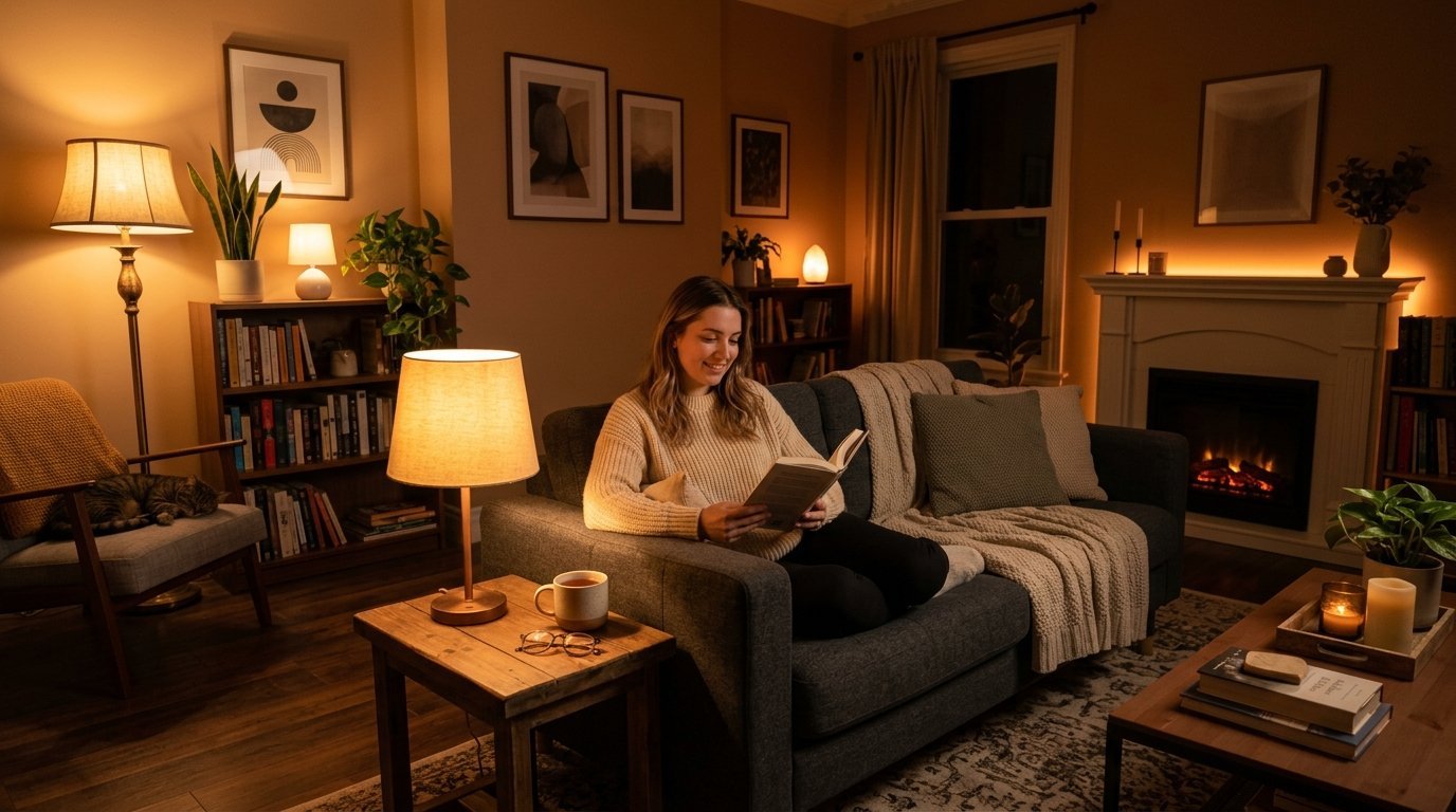 Young woman sits on a dark sofa with a book, with a cat napping on an armchair in a warmly lit, homey living space.